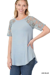 Lucy Lace Sleeve Top / Ash Blue