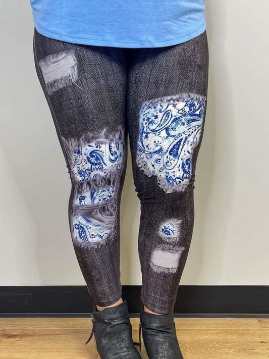 Blue Paisley Peekaboo Leggings