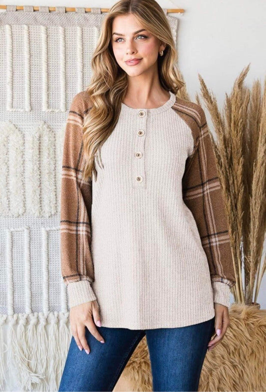 **FINAL SALE** Cream & Brown Plaid Button Long Sleeve