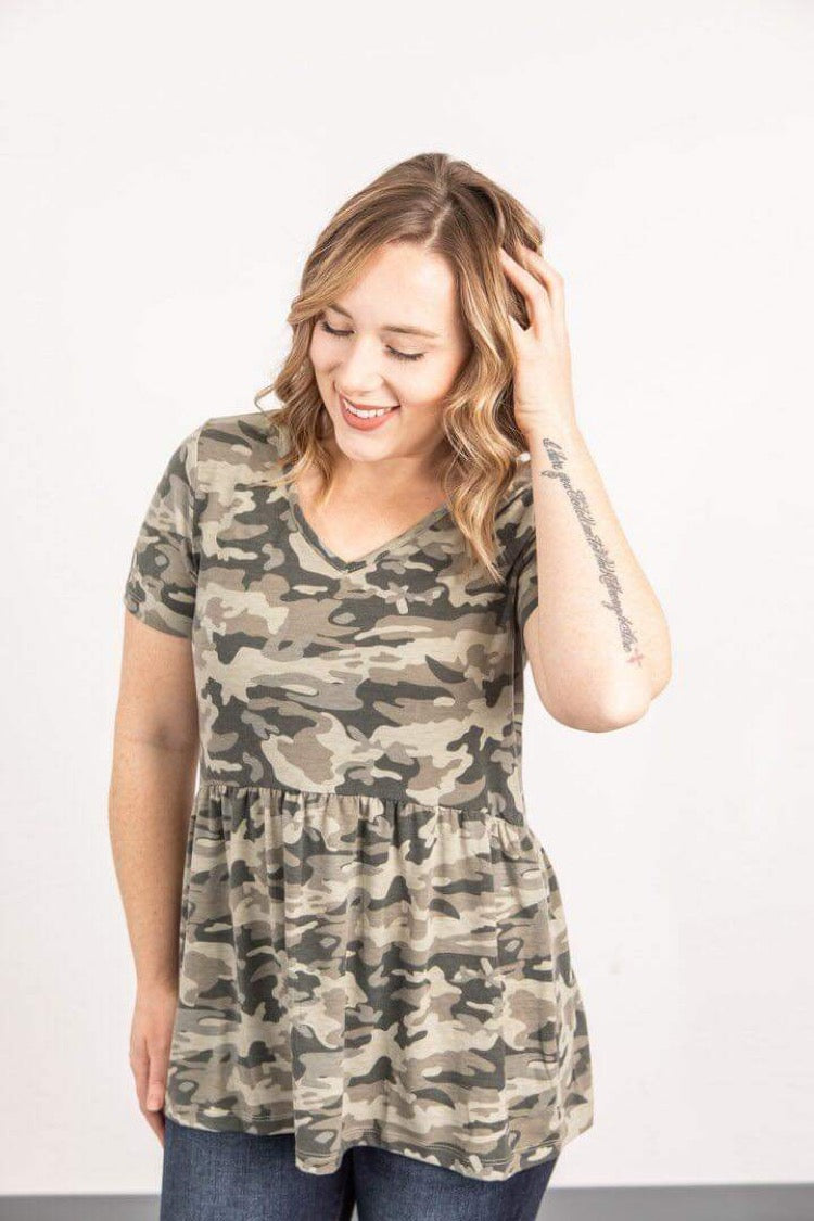 **FINAL SALE** Sarah Ruffle Top/ Camo