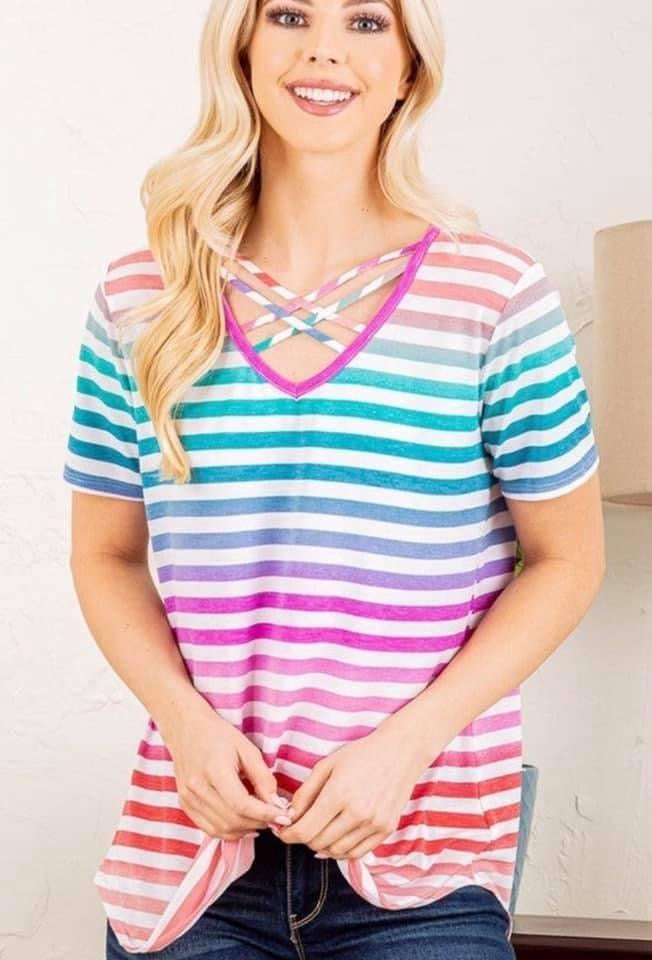 **FINAL SALE** Rainbow Striped Criss Cross Top