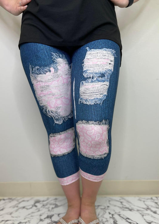 Pink Paisley Distressed Peekaboo Capri Leggings