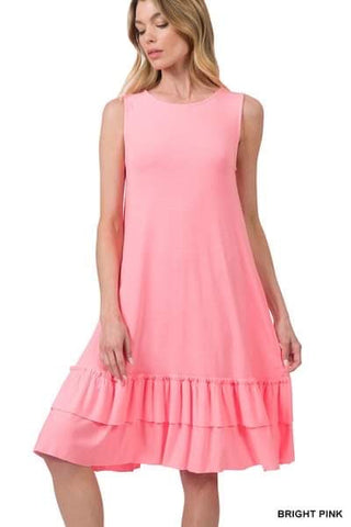 Ruffle Bottom Tank Pocket Dress/Bright Pink