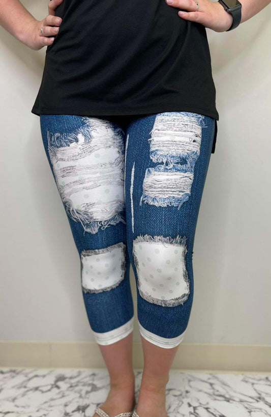 Mint Polka Dot Distressed Peekaboo Capri Leggings